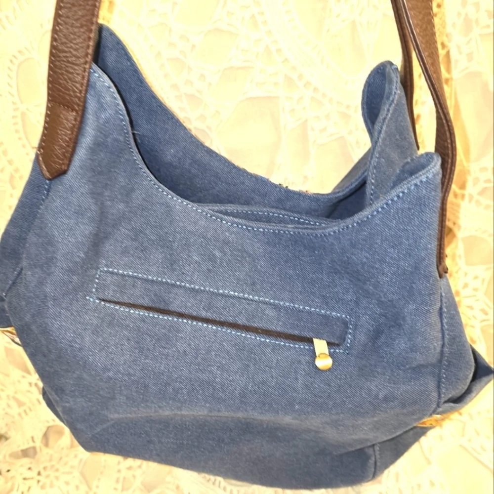 Denim Style Canvas Boho Style Purse, Shoulder Bag, Embroidered Design And Pocket